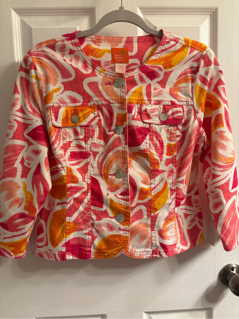 hearts of palm Pink, Orange & White Floral Print Jean Jacket #0351